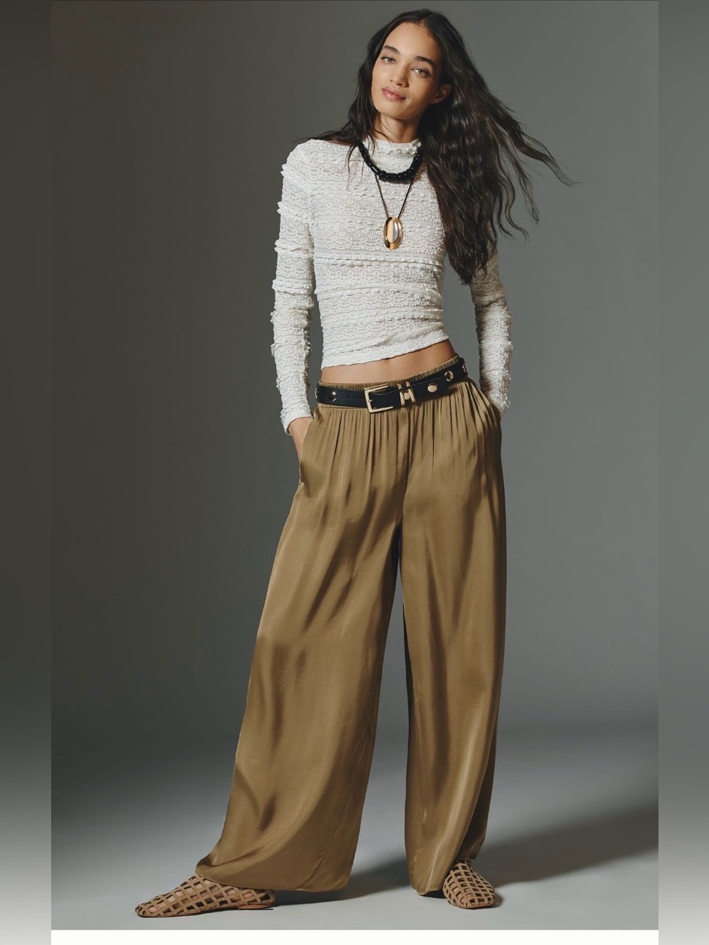 NWT Anthropologie Satin Wide-Leg Pull-On Pants Brown Size M